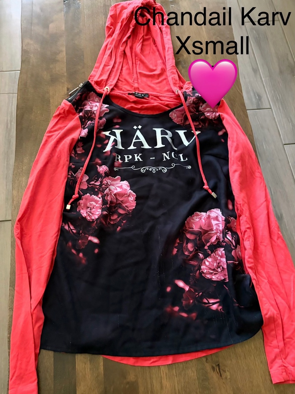 Floral Hooded Long-Sleeve Tee in Black and Coral Pink